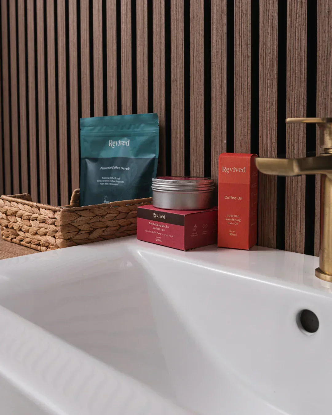 Revived skincare upcycled product sitting beside the sink