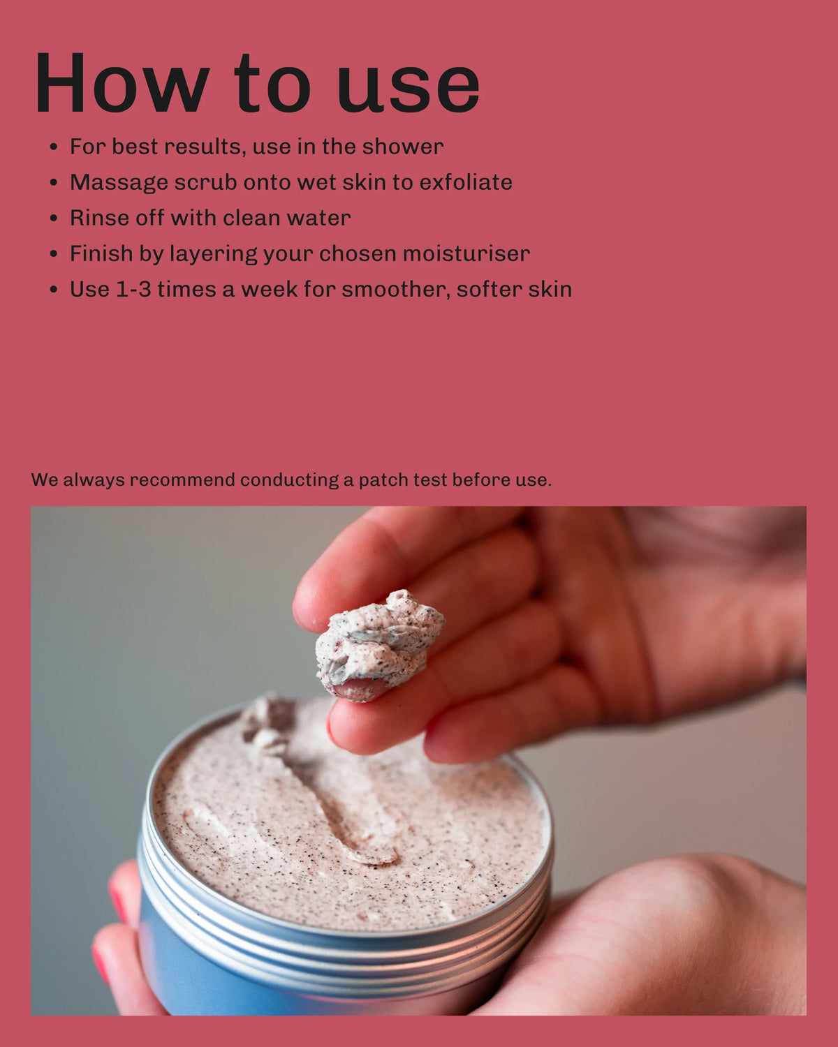 Instructions on how to use a scrub with a close-up of hands holding the jar and scrub.