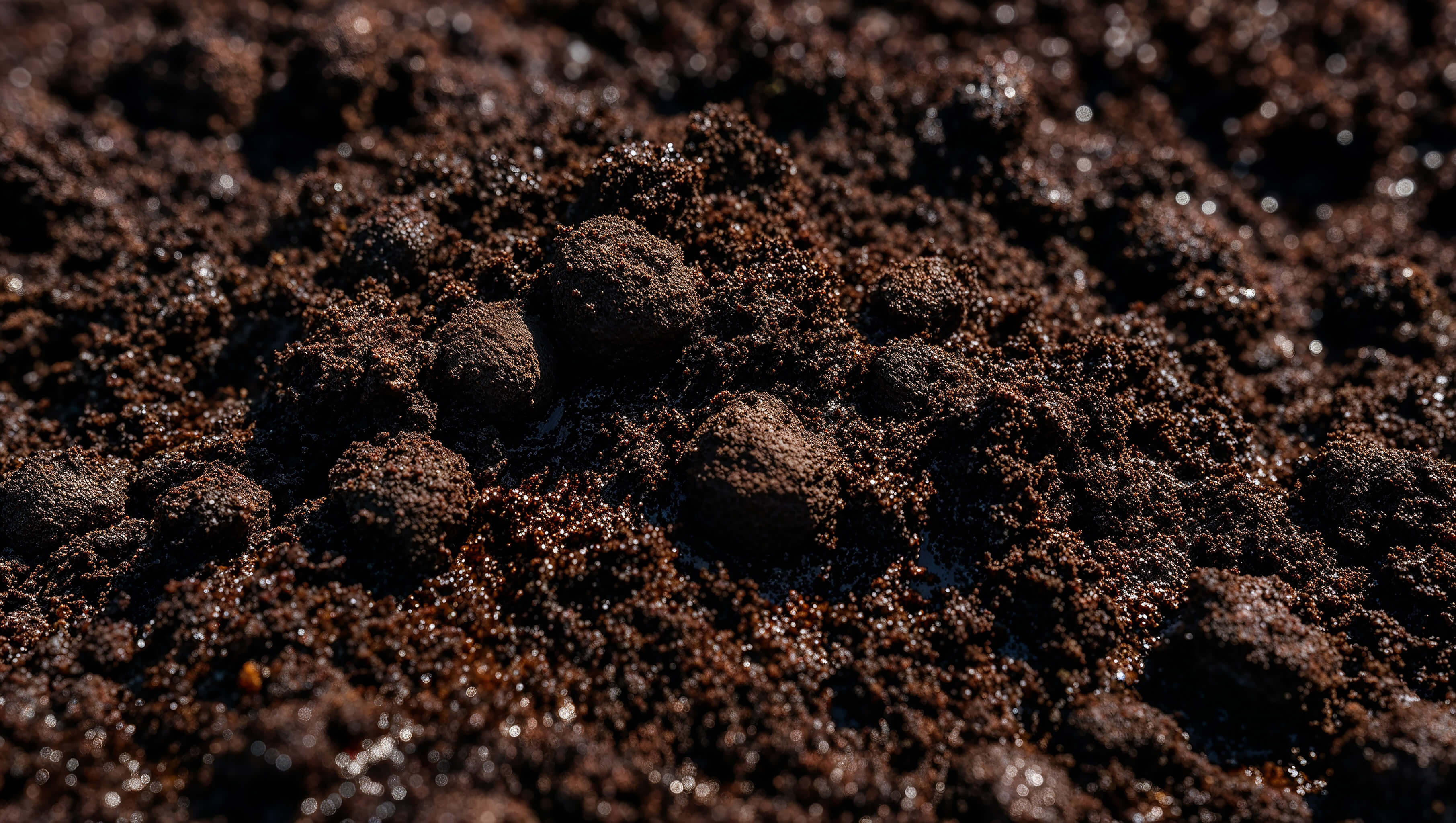 Coffee grounds forming small clumps with rich textured surface
