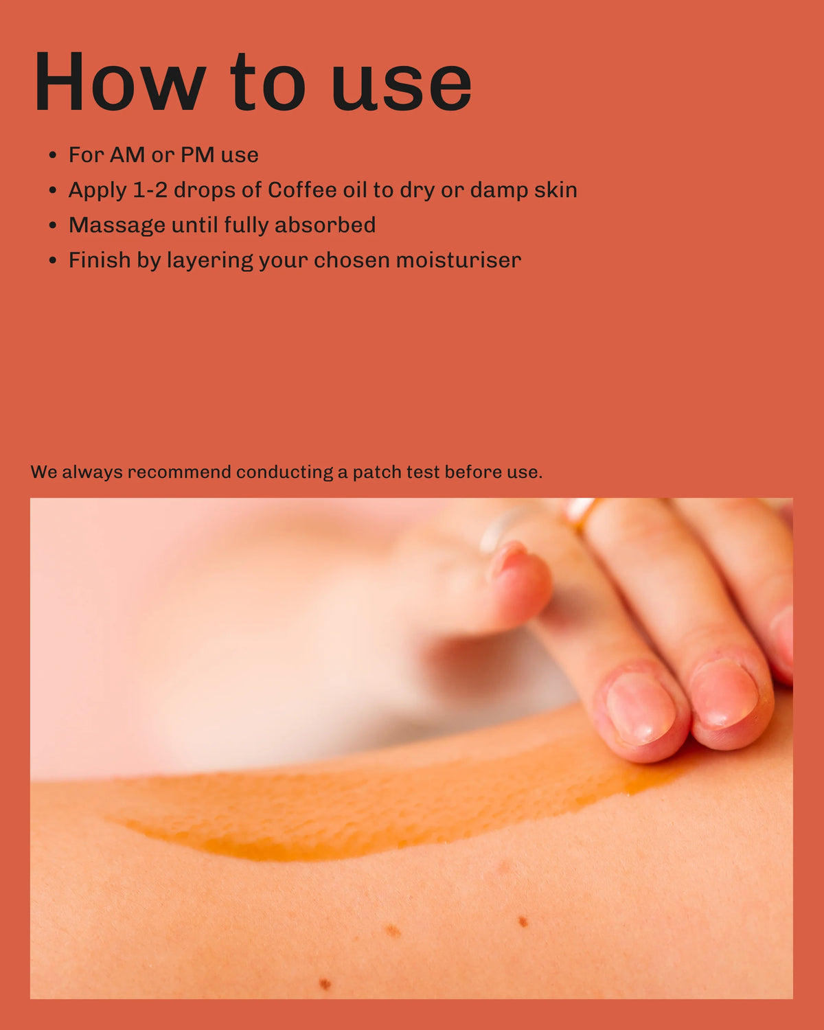 Instructions on how to use a skincare product with a close-up of skin application.