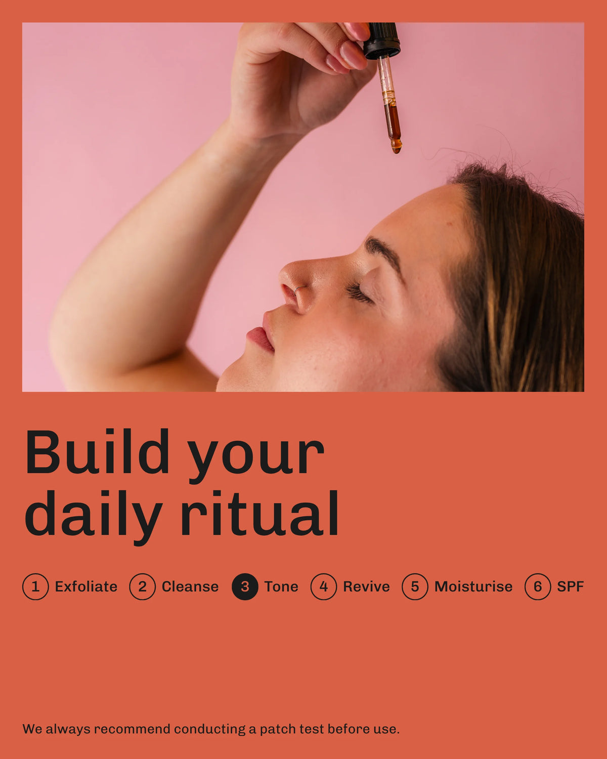 Person applying Revived coffee oil to face with text 'Build your daily ritual' on an orange background