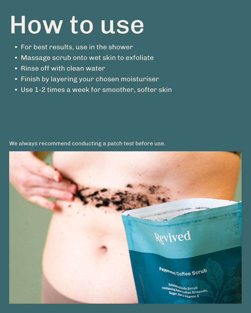 Instructions for How to use Revived peppermint coffee scrub with a visible product packaging on a teal background