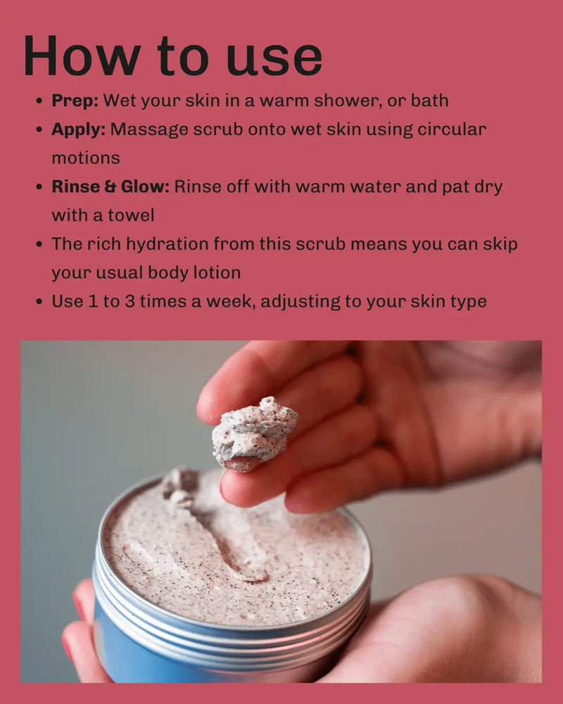 Instructional graphic with the heading 'How to use' on a dusty pink background, showing text about how to get the best from applying our whipped mocha coffee body scrub to wet skin and a photo of hands holding a small amount of the scrub above an open round tin.