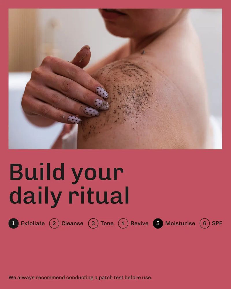 A promotional graphic with a pink background featuring a close-up photo of a person's shoulder massaging the whipped mocha exfoliating scrub onto their skin. Text reads 'Build your daily ritual' with numbered steps 1 through 6 and a small disclaimer at the bottom.