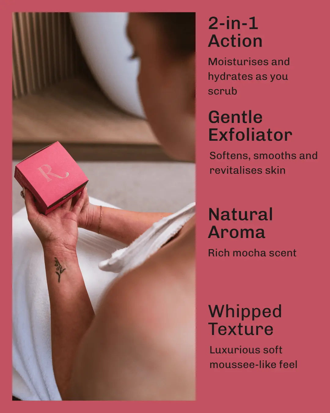 A promotional graphic for a skincare exfoliating scrub, featuring a woman in a white robe holding a pink box of the Revived Whipped Mocha Body Scrub with a white monogram 'R' on the left, alongside descriptive text on a dusky rose background.
