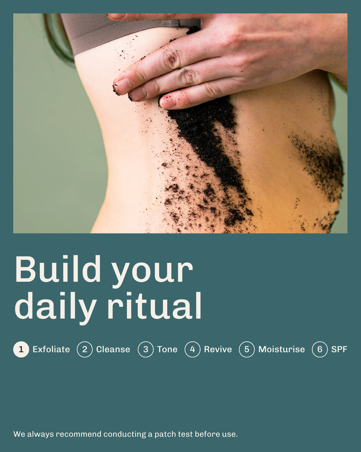 A person applying Revived coffee scrub to their body with text about building a daily ritual.