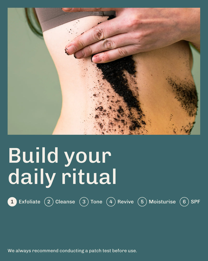 A person applying Revived coffee scrub to their body with text about building a daily ritual.