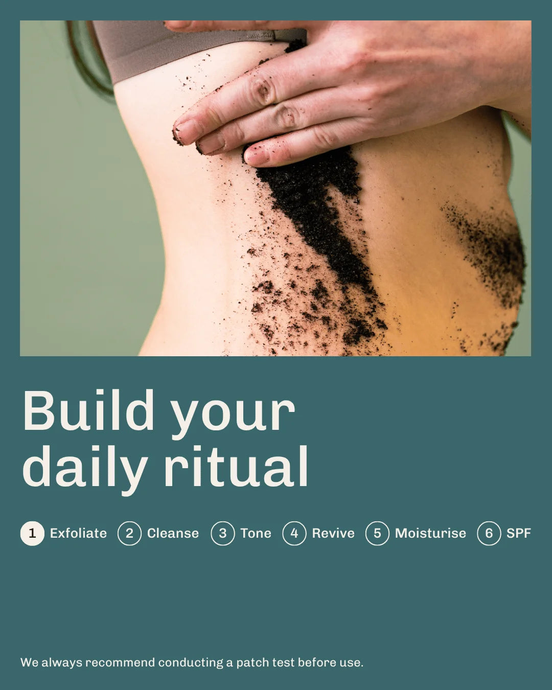 Person applying the Revived invigorating peppermint body scrub to their side with text about building a daily ritual.
