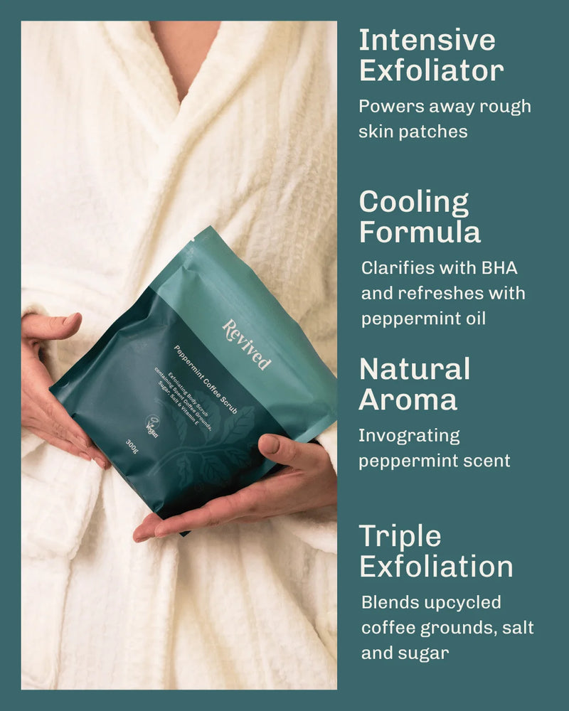 A person in a white robe holds a teal Revived peppermint exfoliating coffee body scrub pouch against a split background with descriptive text about intensive exfoliation, cooling formula, natural aroma, and triple exfoliation.