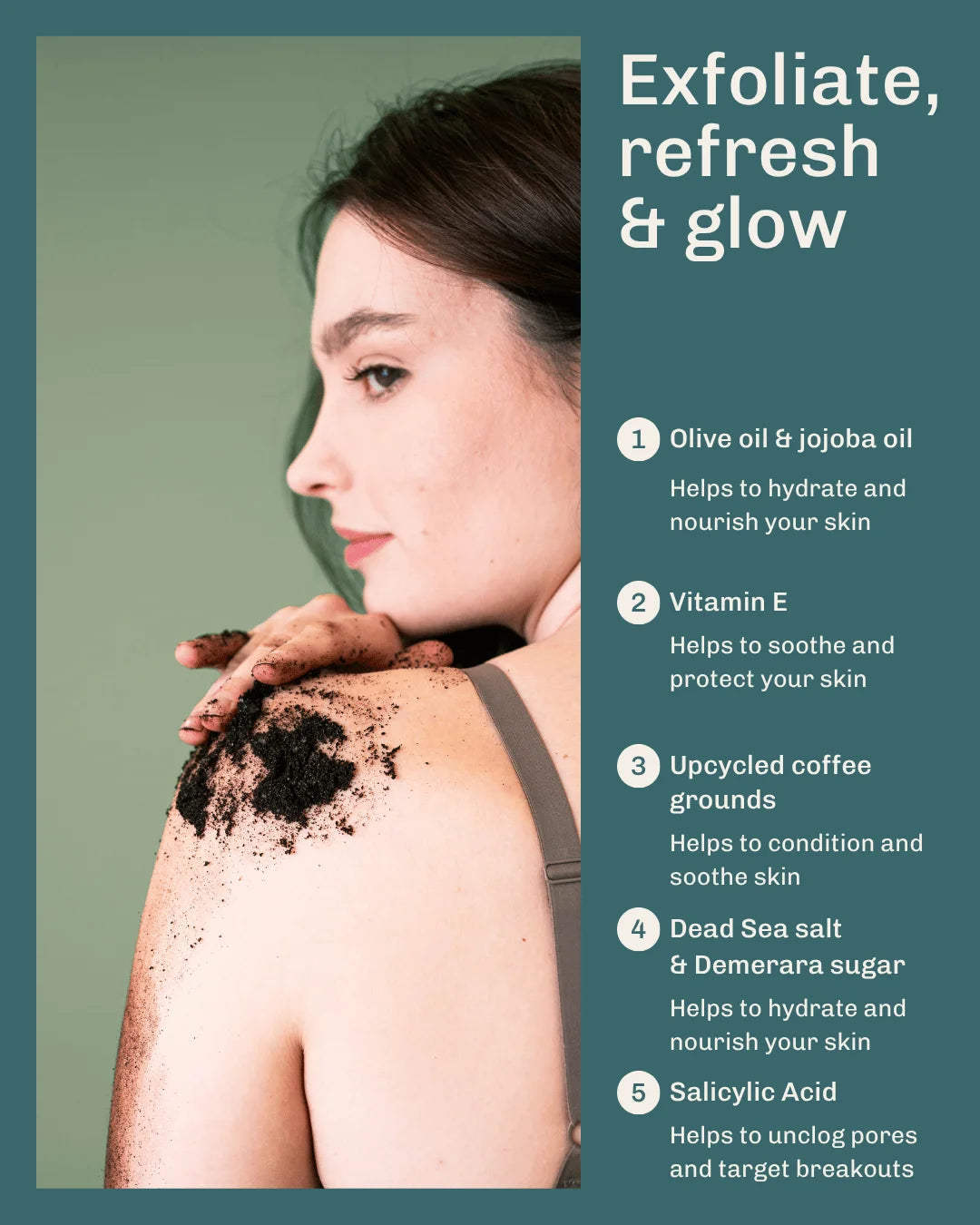 A promotional skincare graphic with a woman shown from the back over her shoulder, applying the invigorating peppermint coffee body scrub onto her shoulder. The left side has a sage green background, and the right side has a dark teal panel with white text reading 'Exfoliate, refresh & glow' and a numbered ingredient list.