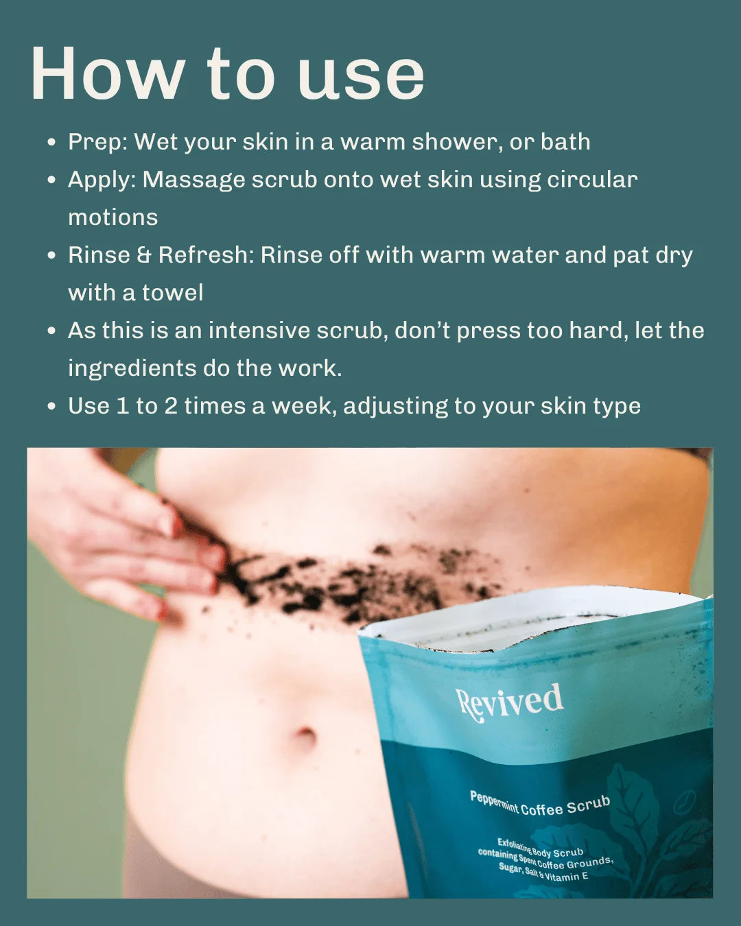 Instructional graphic titled 'How to use' showing a person massaging the invigorating peppermint coffee body scrub onto their stomach, alongside a teal package of Revived Peppermint Coffee Scrub on a dark teal background with white text.